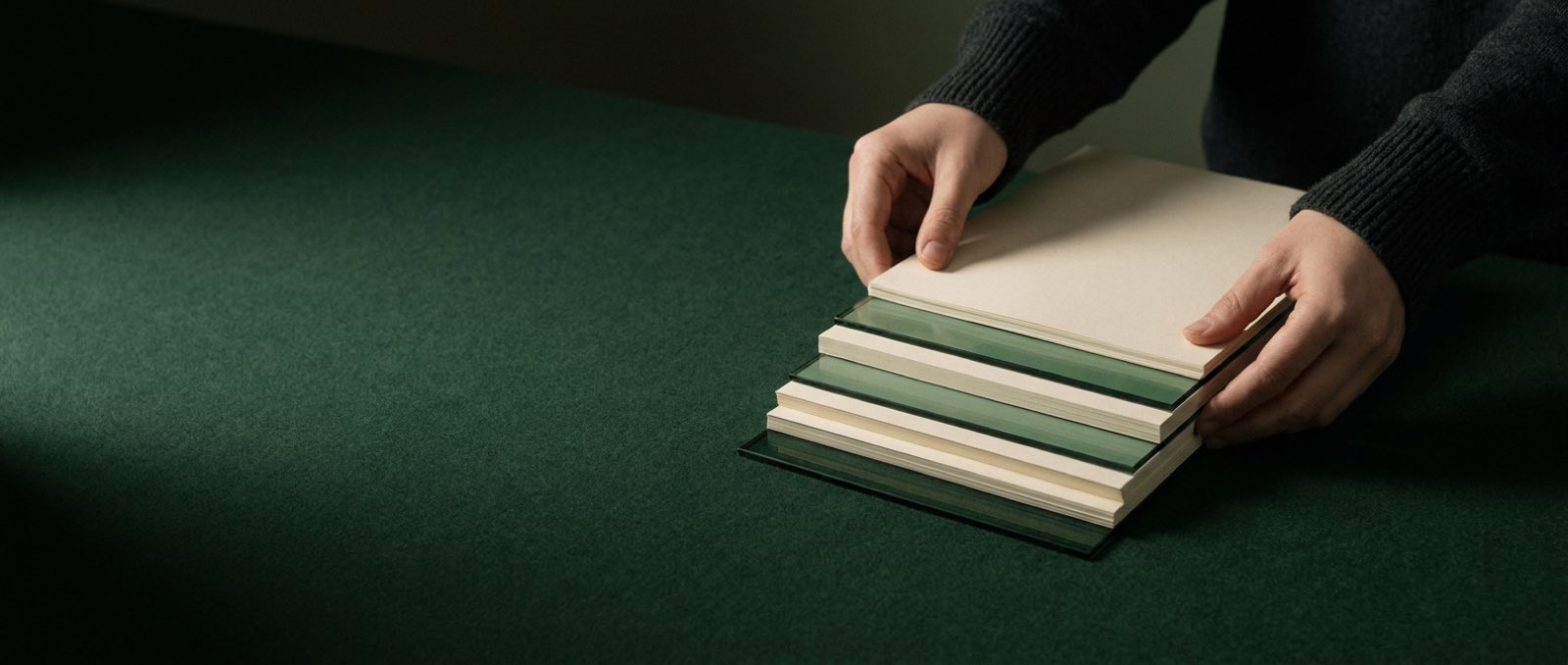 Hands squaring a stack of cream paper and green glass sheets on a dark green desk
