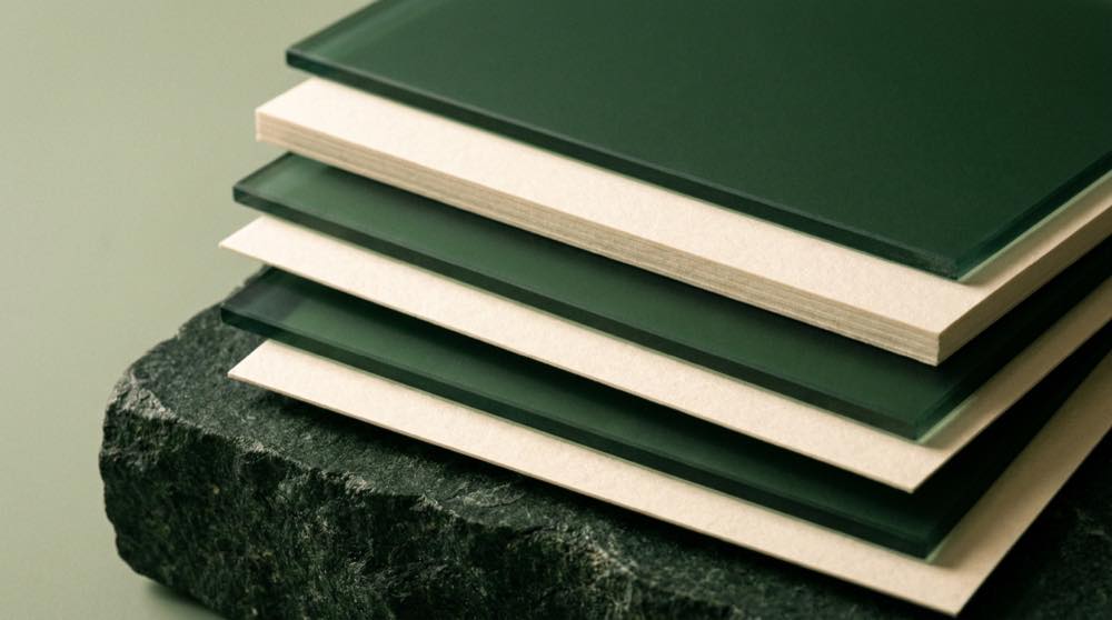 Six stacked sheets of green glass and cream paper on stone
