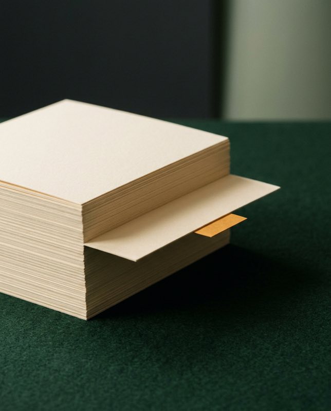 A stack of cream sheets with one pulled out, marked by a small amber tab